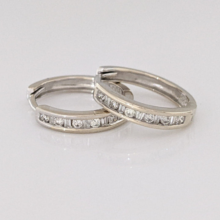 14K WHITE .23 CARAT TOTAL WEIGHT I1 I DIAMOND ROUND (12) BAGUETTE (10) ESTATE HOOP EARRINGS 2.5 GRAMS