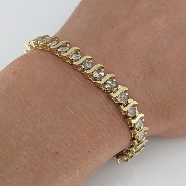 14K 5.60 CARAT TOTAL WEIGHT I2 CHAMPAGNE DIAMOND ROUND (35) S-LINK ESTATE BRACELET 15.4 GRAMS