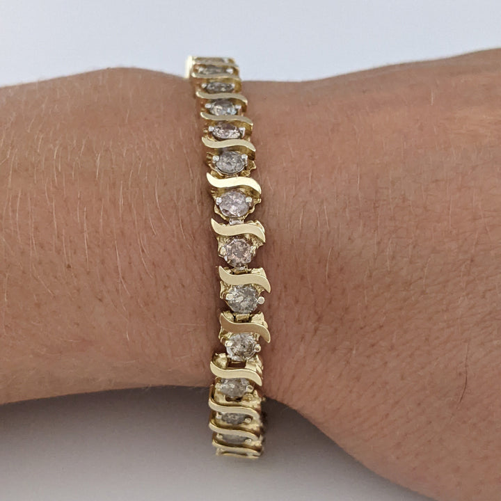 14K 5.60 CARAT TOTAL WEIGHT I2 CHAMPAGNE DIAMOND ROUND (35) S-LINK ESTATE BRACELET 15.4 GRAMS