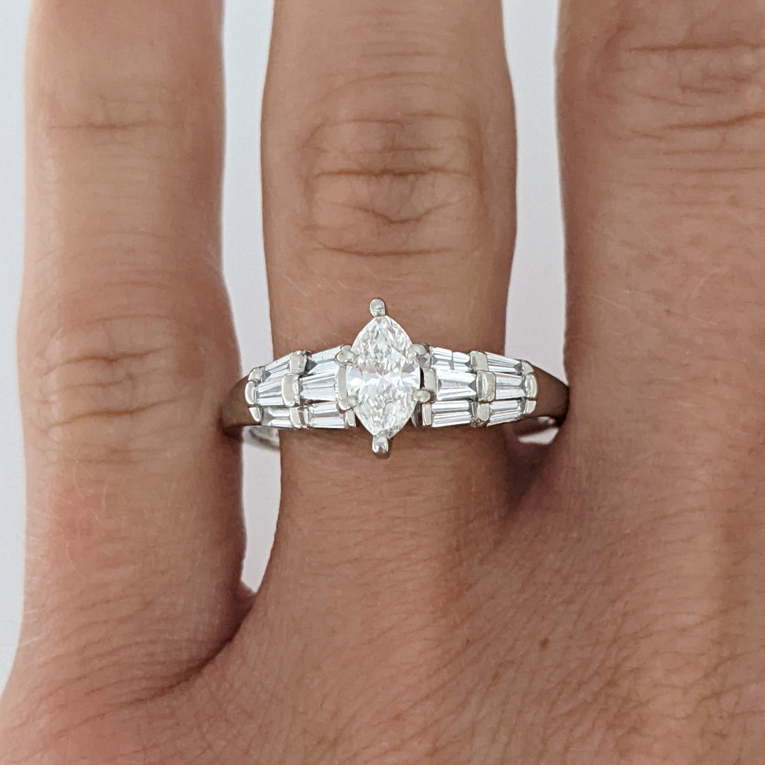 PLATINUM 1.06 CARAT TOTAL WEIGHT SI2 G-H MARQUISE DIAMOND WITH (12) BAGUETTE ESTATE RING 6.4 GRAMS