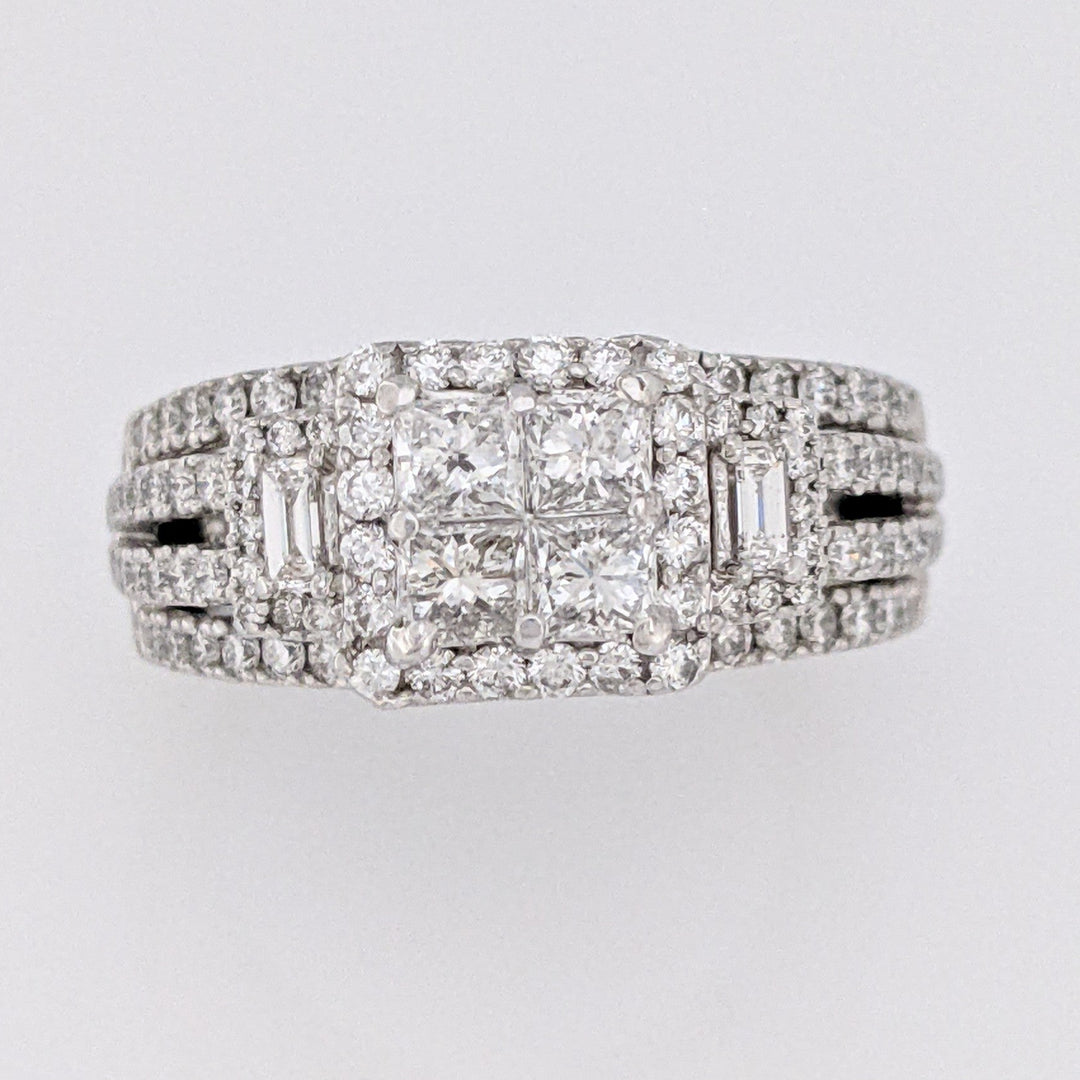14K WHITE 1.78 CARAT TOTAL WEIGHT SI1 I DIAMOND PRINCESS CUT (4) EMERALD CUT (2) ROUND (98) ESTATE RING 6.5 GRAMS