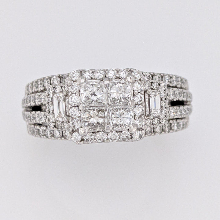 14K WHITE 1.78 CARAT TOTAL WEIGHT SI1 I DIAMOND PRINCESS CUT (4) EMERALD CUT (2) ROUND (98) ESTATE RING 6.5 GRAMS