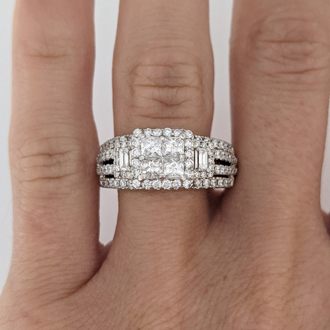 14K WHITE 1.78 CARAT TOTAL WEIGHT SI1 I DIAMOND PRINCESS CUT (4) EMERALD CUT (2) ROUND (98) ESTATE RING 6.5 GRAMS