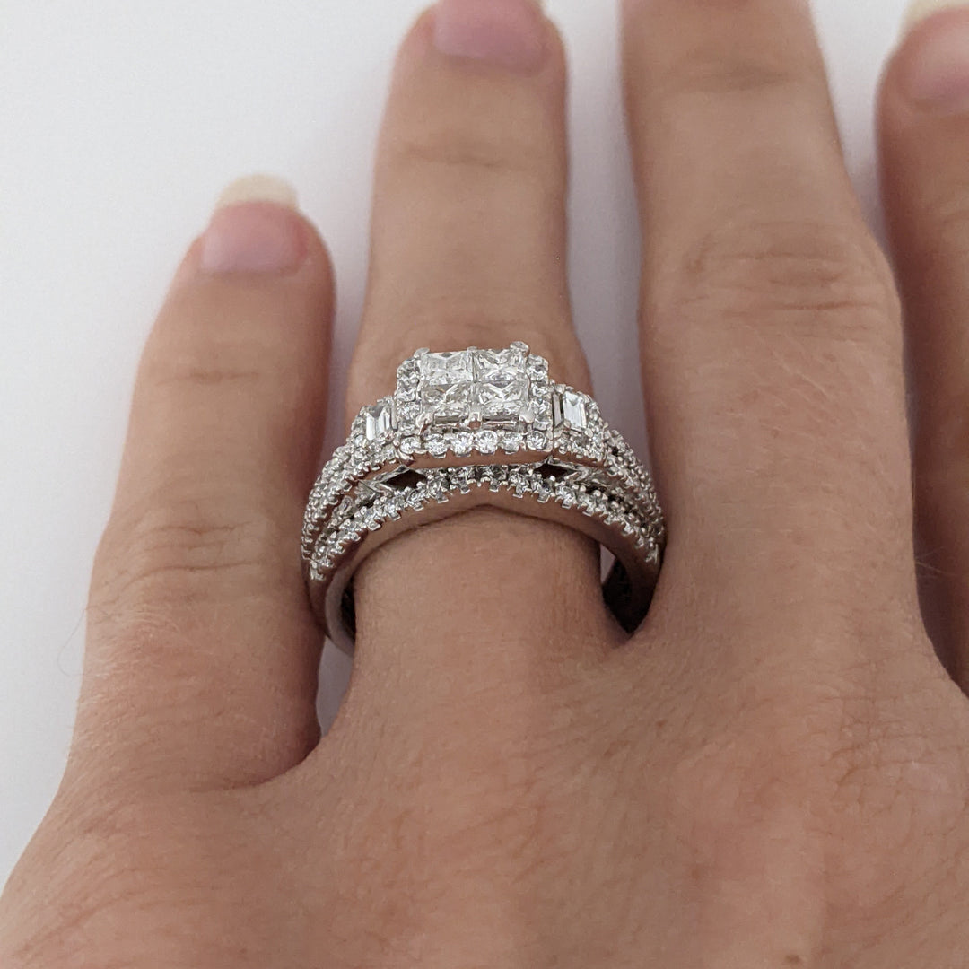 14K WHITE 1.78 CARAT TOTAL WEIGHT SI1 I DIAMOND PRINCESS CUT (4) EMERALD CUT (2) ROUND (98) ESTATE RING 6.5 GRAMS