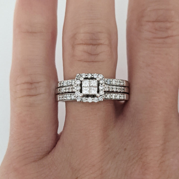 14K WHITE 1.05 CARAT TOTAL WEIGHT SI2 H DIAMOND PRINCESS CUT (4) ROUND (54) ESTATE RING 6.5 GRAMS