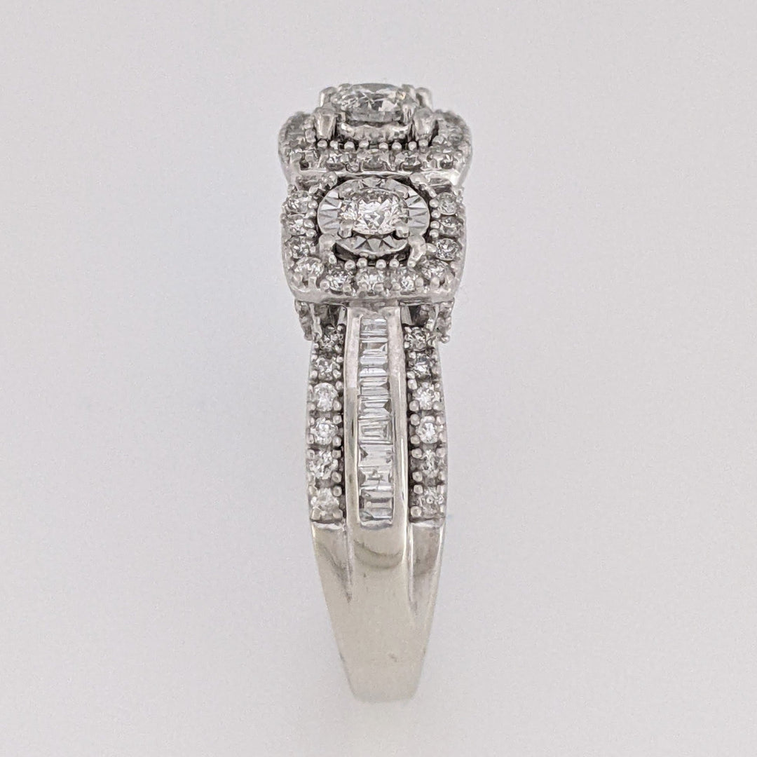 10K WHITE .81 CARAT TOTAL WEIGHT I1 I DIAMOND ROUND (83) BAGUETTE (18) ESTATE HALO TRINITY RING 5.2 GRAMS