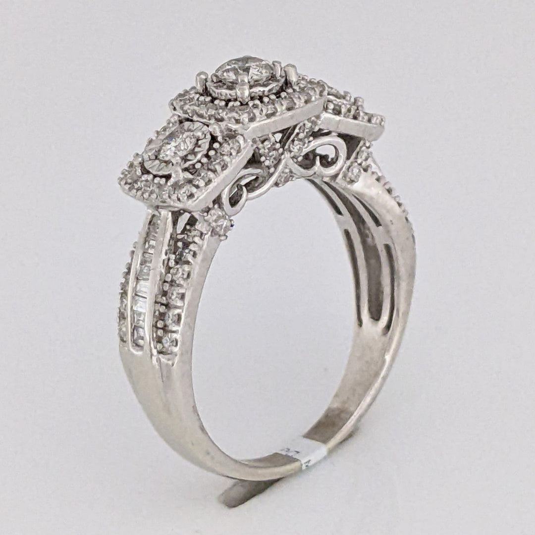 10K WHITE .81 CARAT TOTAL WEIGHT I1 I DIAMOND ROUND (83) BAGUETTE (18) ESTATE HALO TRINITY RING 5.2 GRAMS