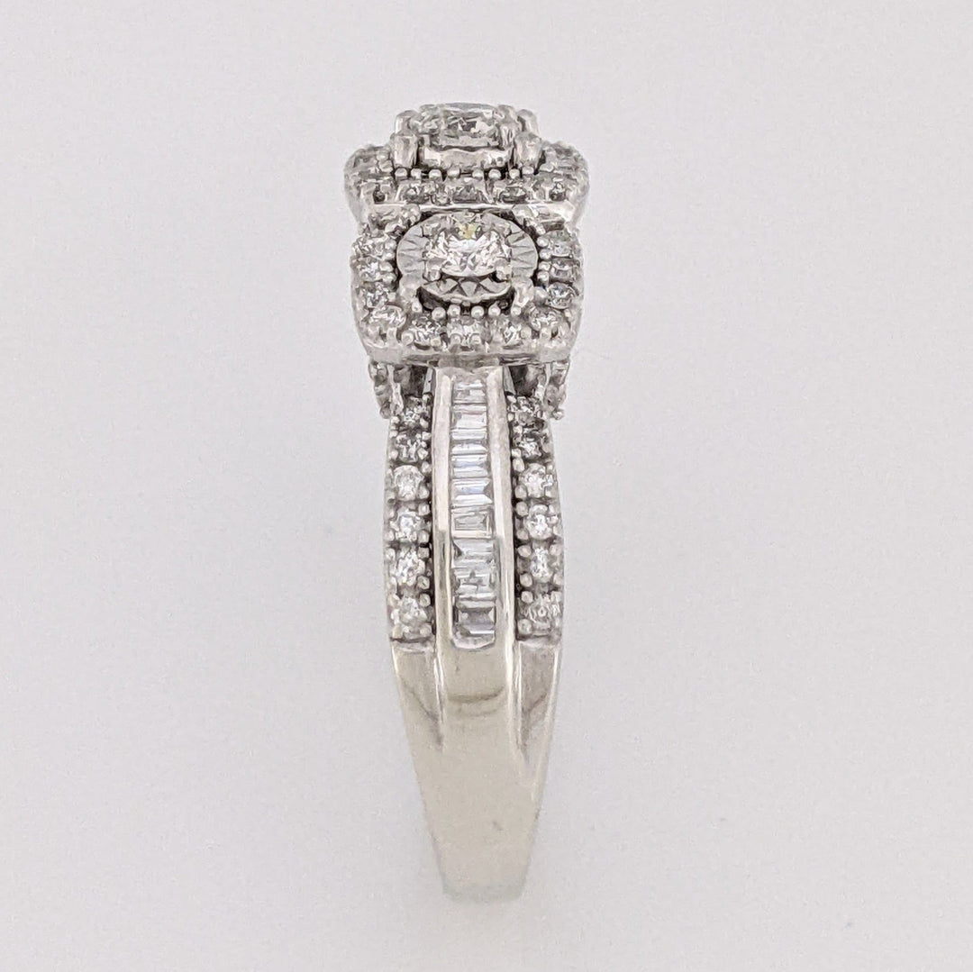 10K WHITE .81 CARAT TOTAL WEIGHT I1 I DIAMOND ROUND (83) BAGUETTE (18) ESTATE HALO TRINITY RING 5.2 GRAMS
