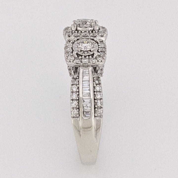 10K WHITE .81 CARAT TOTAL WEIGHT I1 I DIAMOND ROUND (83) BAGUETTE (18) ESTATE HALO TRINITY RING 5.2 GRAMS