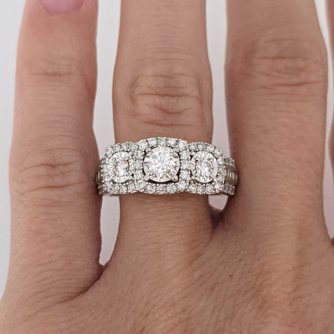 10K WHITE .81 CARAT TOTAL WEIGHT I1 I DIAMOND ROUND (83) BAGUETTE (18) ESTATE HALO TRINITY RING 5.2 GRAMS