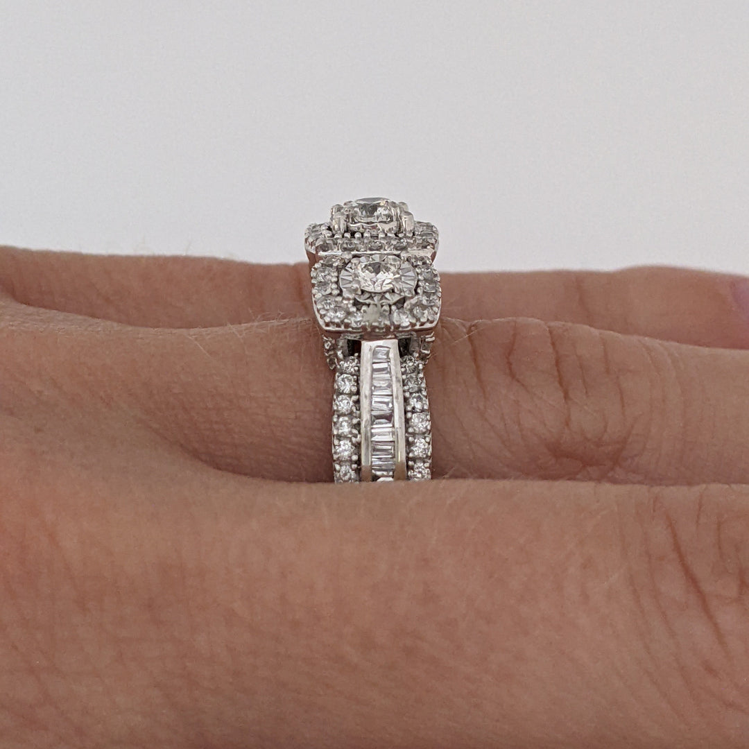 10K WHITE .81 CARAT TOTAL WEIGHT I1 I DIAMOND ROUND (83) BAGUETTE (18) ESTATE HALO TRINITY RING 5.2 GRAMS
