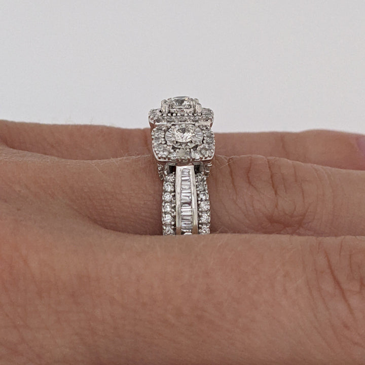 10K WHITE .81 CARAT TOTAL WEIGHT I1 I DIAMOND ROUND (83) BAGUETTE (18) ESTATE HALO TRINITY RING 5.2 GRAMS