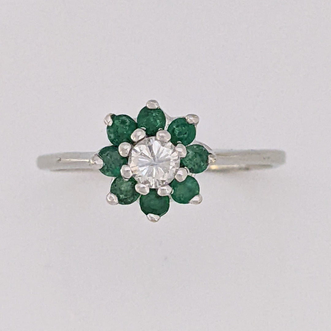 14K WHITE EMERALD ROUND (8) 2MM WITH .15 DIAMOND TOTAL WEIGHT (1) ROUND ESTATE RING 2.0 GRAMS