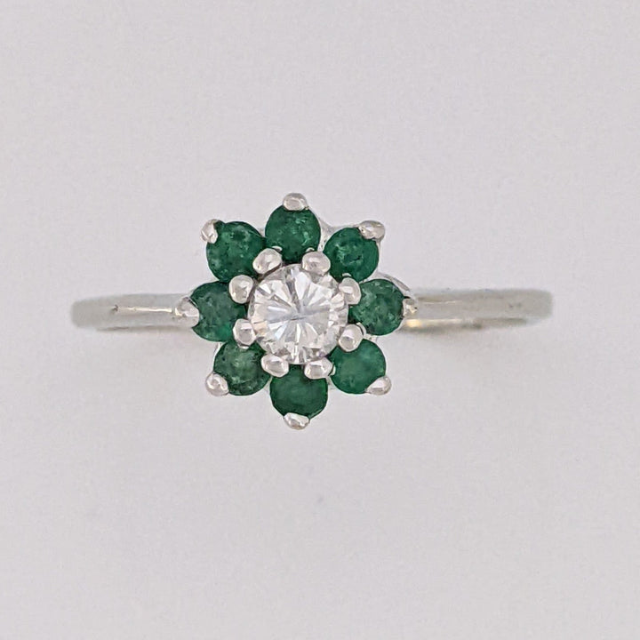 14K WHITE EMERALD ROUND (8) 2MM WITH .15 DIAMOND TOTAL WEIGHT (1) ROUND ESTATE RING 2.0 GRAMS