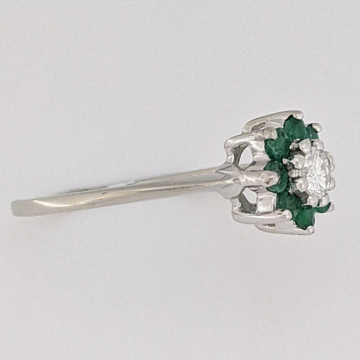 14K WHITE EMERALD ROUND (8) 2MM WITH .15 DIAMOND TOTAL WEIGHT (1) ROUND ESTATE RING 2.0 GRAMS