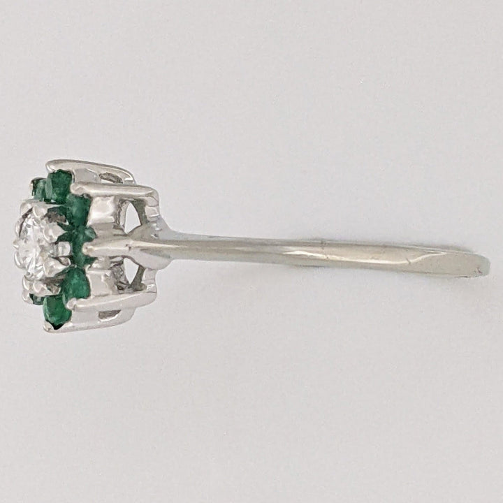 14K WHITE EMERALD ROUND (8) 2MM WITH .15 DIAMOND TOTAL WEIGHT (1) ROUND ESTATE RING 2.0 GRAMS