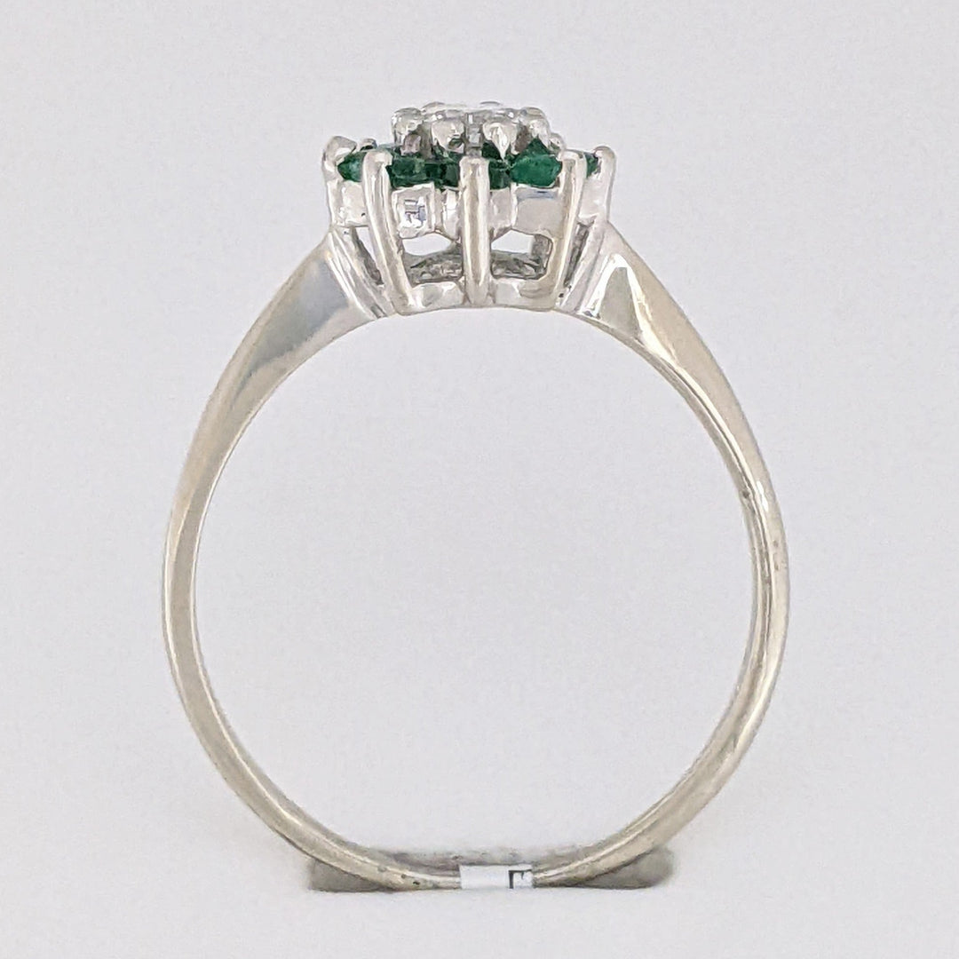 14K WHITE EMERALD ROUND (8) 2MM WITH .15 DIAMOND TOTAL WEIGHT (1) ROUND ESTATE RING 2.0 GRAMS