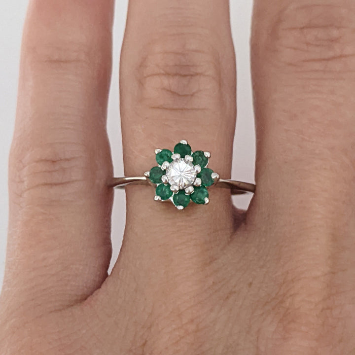 14K WHITE EMERALD ROUND (8) 2MM WITH .15 DIAMOND TOTAL WEIGHT (1) ROUND ESTATE RING 2.0 GRAMS