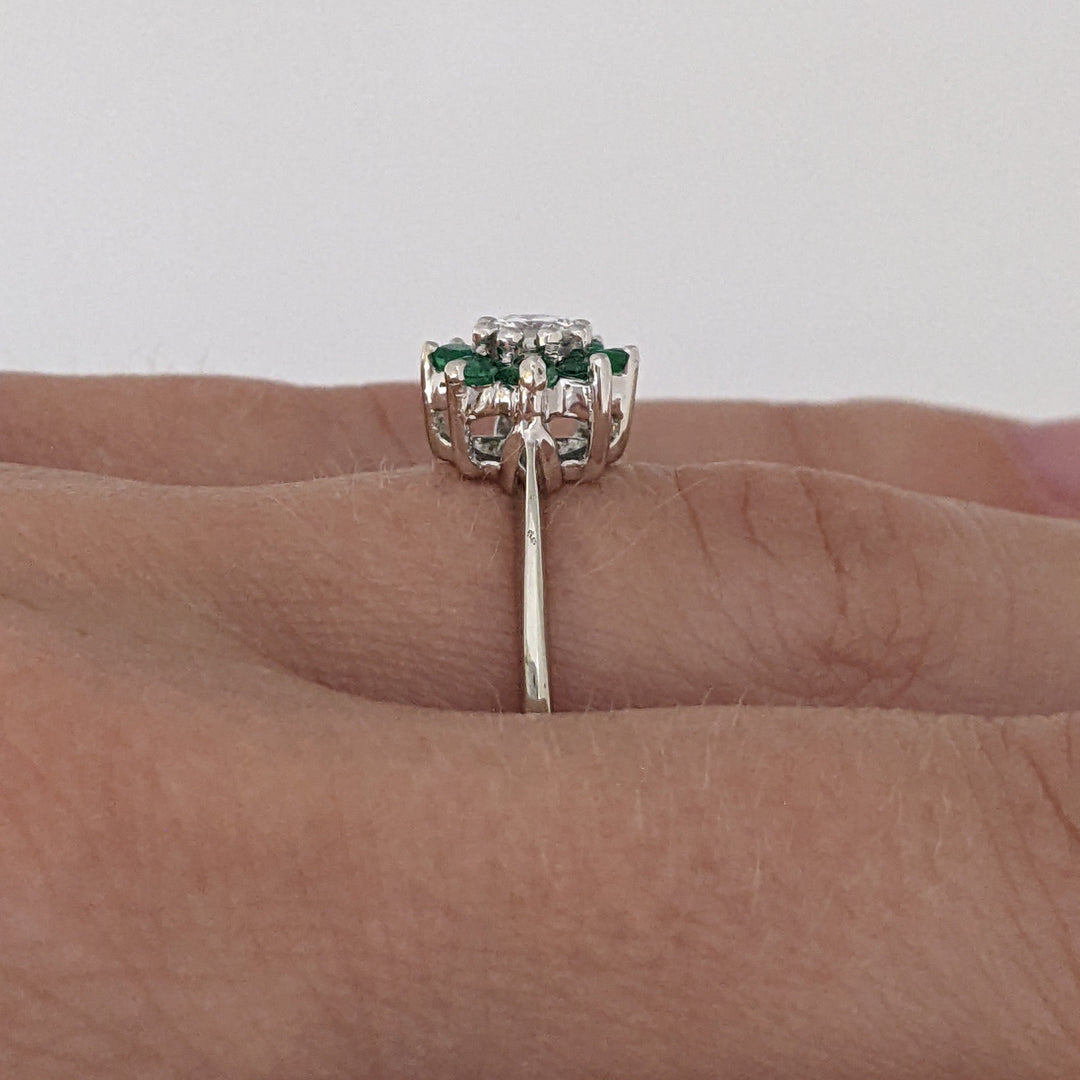 14K WHITE EMERALD ROUND (8) 2MM WITH .15 DIAMOND TOTAL WEIGHT (1) ROUND ESTATE RING 2.0 GRAMS