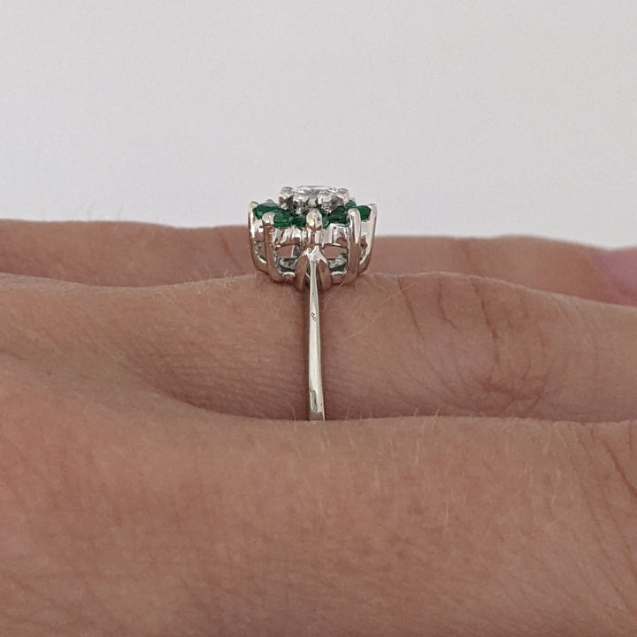 14K WHITE EMERALD ROUND (8) 2MM WITH .15 DIAMOND TOTAL WEIGHT (1) ROUND ESTATE RING 2.0 GRAMS