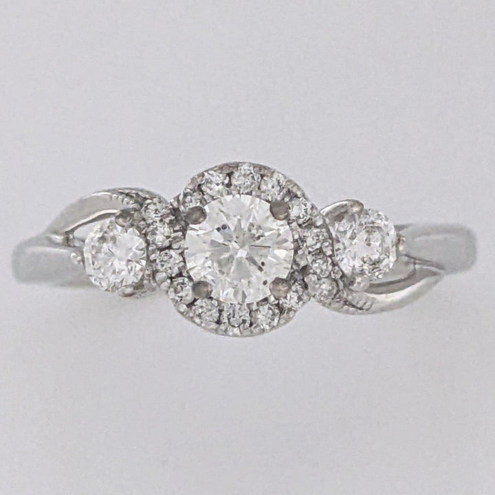 10K WHITE .49 CARAT TOTAL WEIGHT I1 I DIAMOND ROUND (18) HALO TRINITY ESTATE RING 3.3 GRAMS