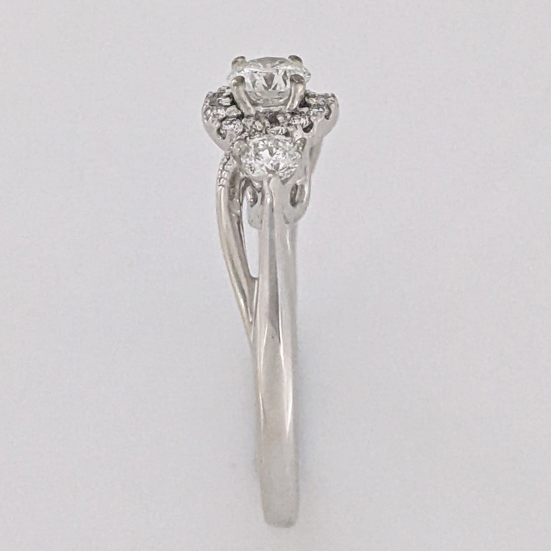 10K WHITE .49 CARAT TOTAL WEIGHT I1 I DIAMOND ROUND (18) HALO TRINITY ESTATE RING 3.3 GRAMS