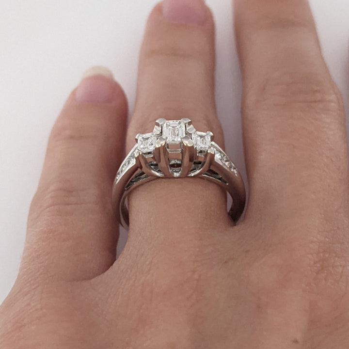 18K .69 CARAT TOTAL WEIGHT VS2 H DIAMOND EMERALD CUT (3) PRINCESS CUT (6) ESTATE TRINITY RING 4.8 GRAMS