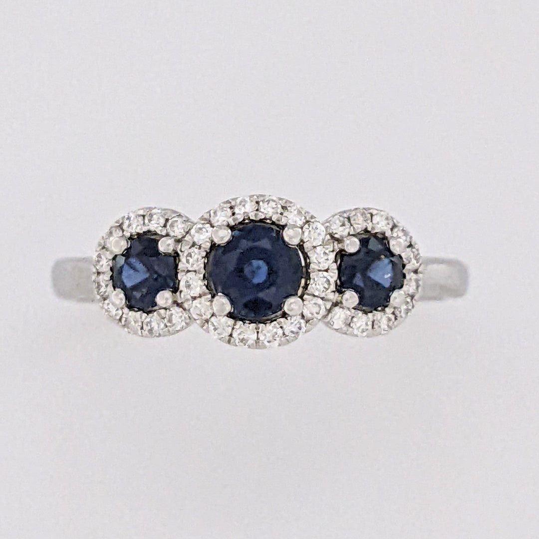 14K WHITE SAPPHIRE ROUND (3) 3-4MM WITH .28 DIAMOND TOTAL WEIGHT ESTATE HALO TRINITY RING 2.9 GRAMS