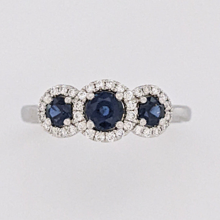 14K WHITE SAPPHIRE ROUND (3) 3-4MM WITH .28 DIAMOND TOTAL WEIGHT ESTATE HALO TRINITY RING 2.9 GRAMS