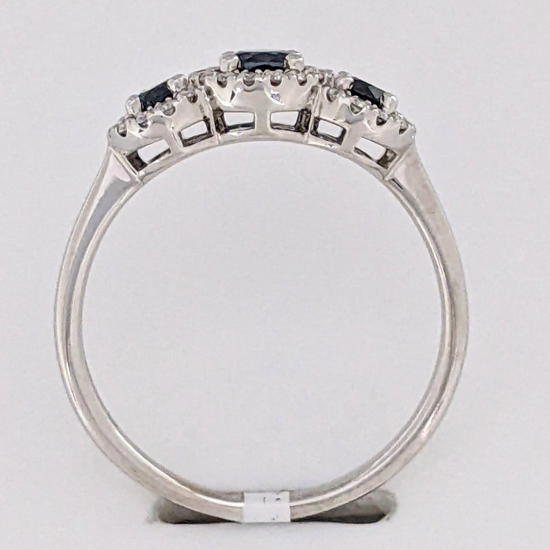 14K WHITE SAPPHIRE ROUND (3) 3-4MM WITH .28 DIAMOND TOTAL WEIGHT ESTATE HALO TRINITY RING 2.9 GRAMS