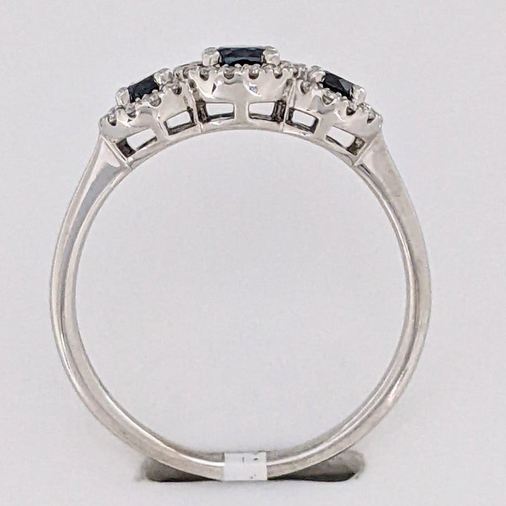 14K WHITE SAPPHIRE ROUND (3) 3-4MM WITH .28 DIAMOND TOTAL WEIGHT ESTATE HALO TRINITY RING 2.9 GRAMS