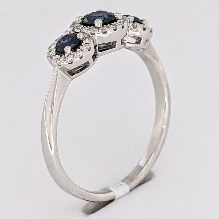 14K WHITE SAPPHIRE ROUND (3) 3-4MM WITH .28 DIAMOND TOTAL WEIGHT ESTATE HALO TRINITY RING 2.9 GRAMS