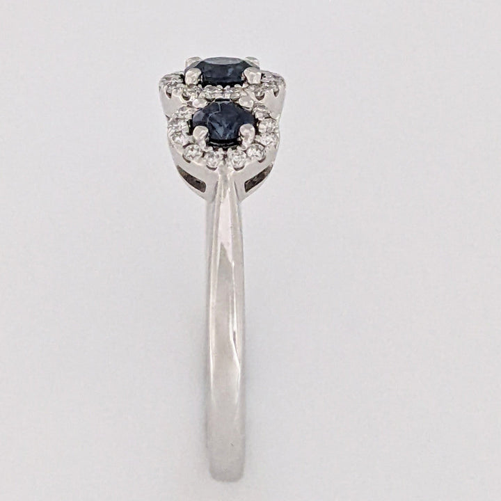 14K WHITE SAPPHIRE ROUND (3) 3-4MM WITH .28 DIAMOND TOTAL WEIGHT ESTATE HALO TRINITY RING 2.9 GRAMS