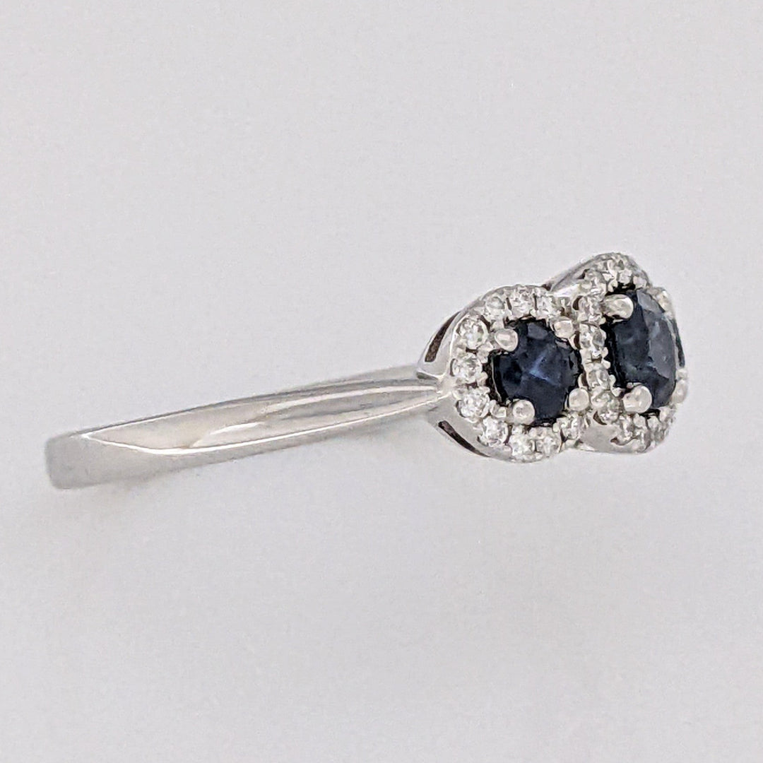 14K WHITE SAPPHIRE ROUND (3) 3-4MM WITH .28 DIAMOND TOTAL WEIGHT ESTATE HALO TRINITY RING 2.9 GRAMS