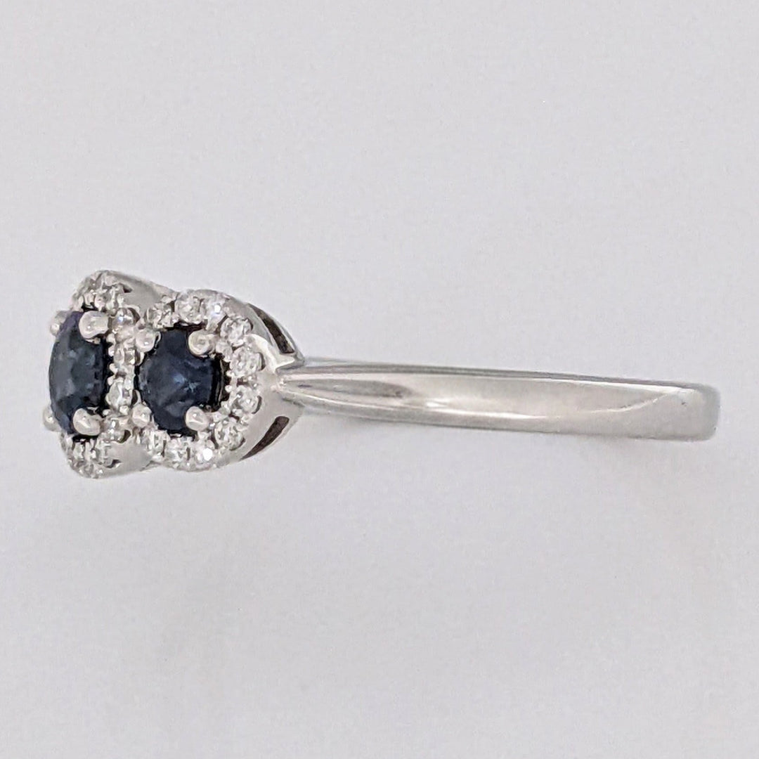 14K WHITE SAPPHIRE ROUND (3) 3-4MM WITH .28 DIAMOND TOTAL WEIGHT ESTATE HALO TRINITY RING 2.9 GRAMS