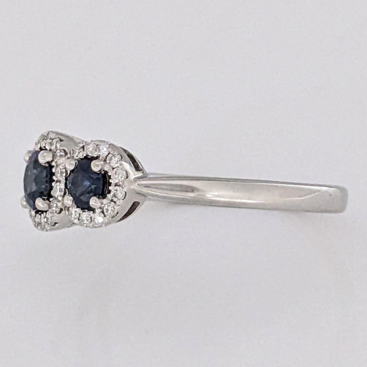 14K WHITE SAPPHIRE ROUND (3) 3-4MM WITH .28 DIAMOND TOTAL WEIGHT ESTATE HALO TRINITY RING 2.9 GRAMS