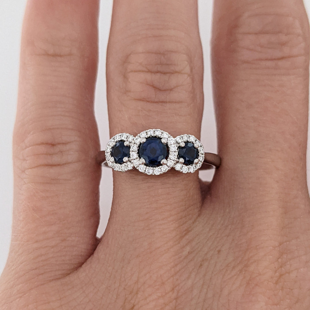 14K WHITE SAPPHIRE ROUND (3) 3-4MM WITH .28 DIAMOND TOTAL WEIGHT ESTATE HALO TRINITY RING 2.9 GRAMS