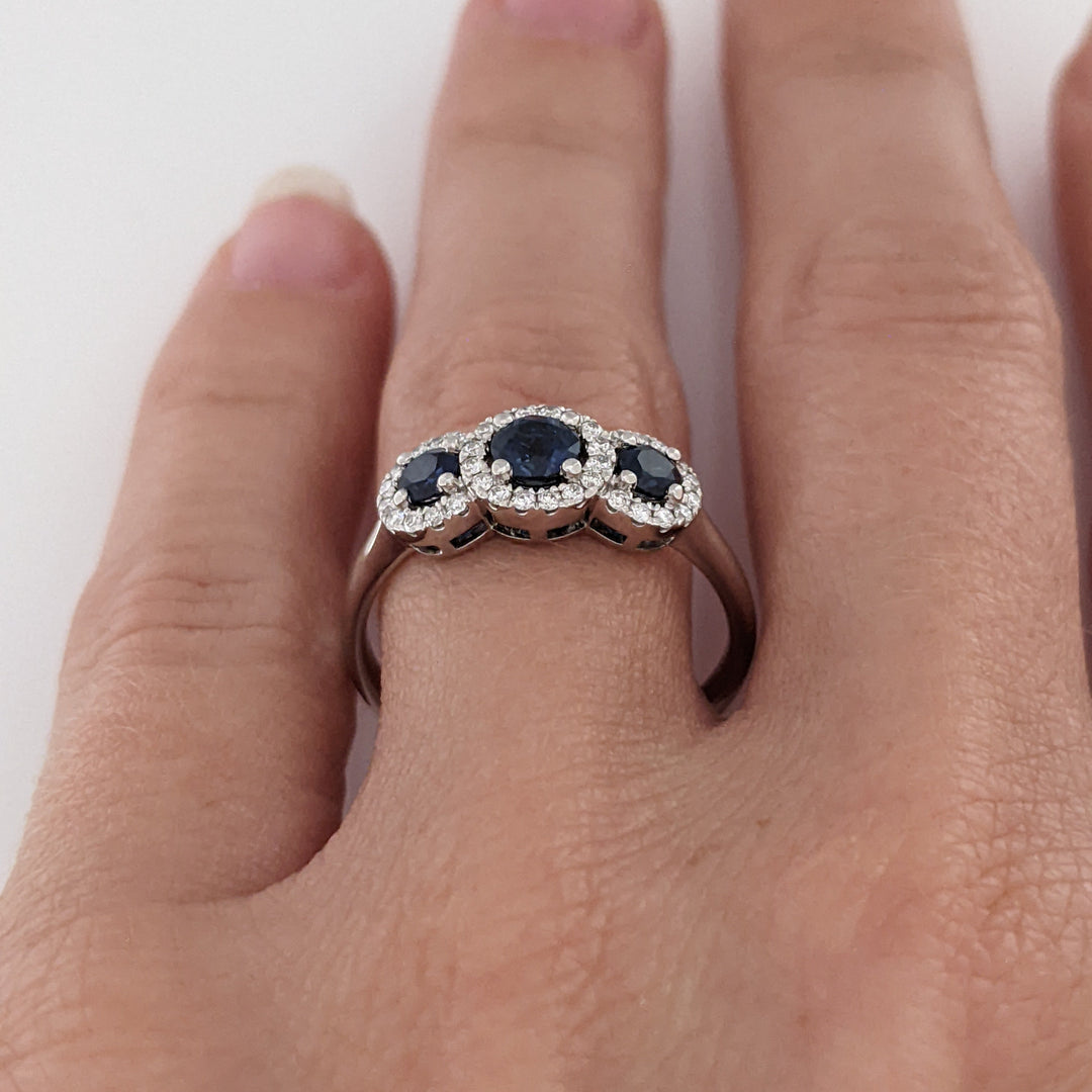14K WHITE SAPPHIRE ROUND (3) 3-4MM WITH .28 DIAMOND TOTAL WEIGHT ESTATE HALO TRINITY RING 2.9 GRAMS
