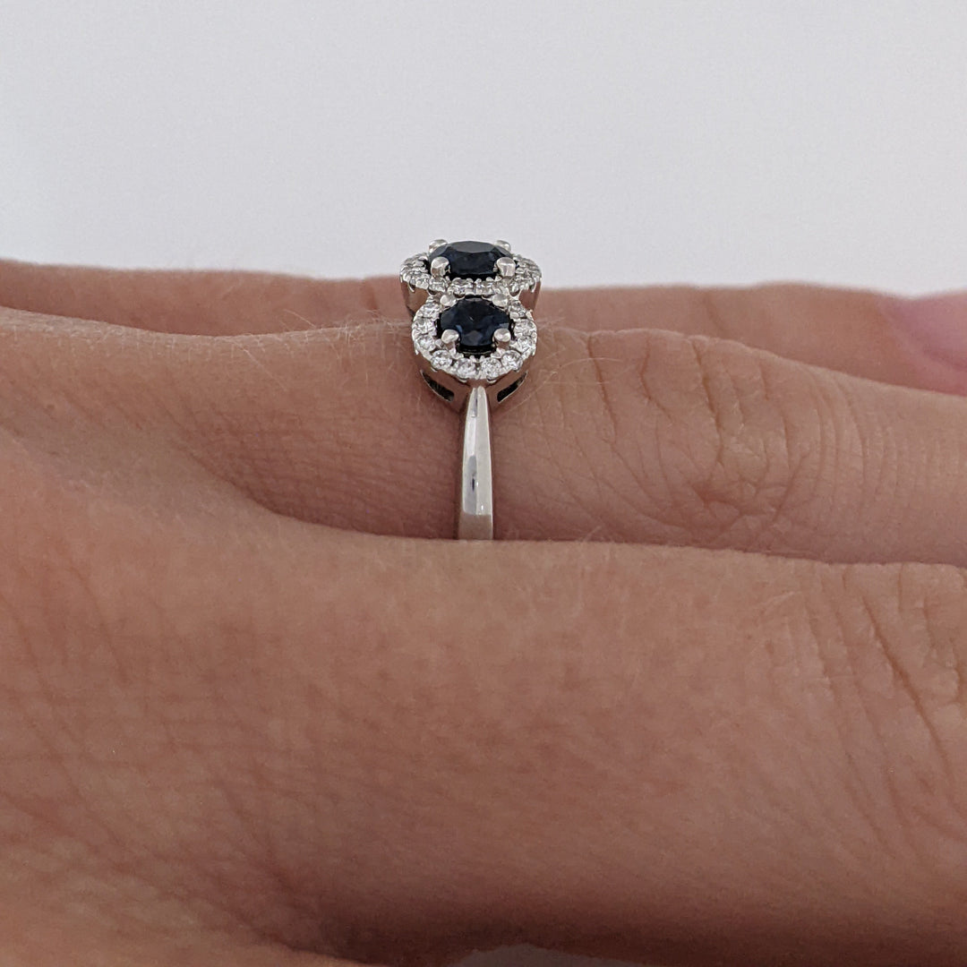 14K WHITE SAPPHIRE ROUND (3) 3-4MM WITH .28 DIAMOND TOTAL WEIGHT ESTATE HALO TRINITY RING 2.9 GRAMS