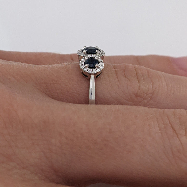 14K WHITE SAPPHIRE ROUND (3) 3-4MM WITH .28 DIAMOND TOTAL WEIGHT ESTATE HALO TRINITY RING 2.9 GRAMS