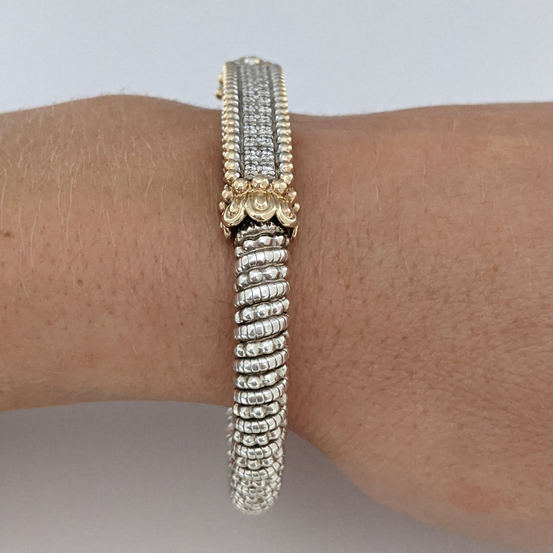 STERLING SILVER/14K "ALWAND VAHAN" .26 CARAT TOTAL WEIGHT SI H DIAMOND ROUND (26) 2-ROW ESTATE CUFF 29.3 GRAMS