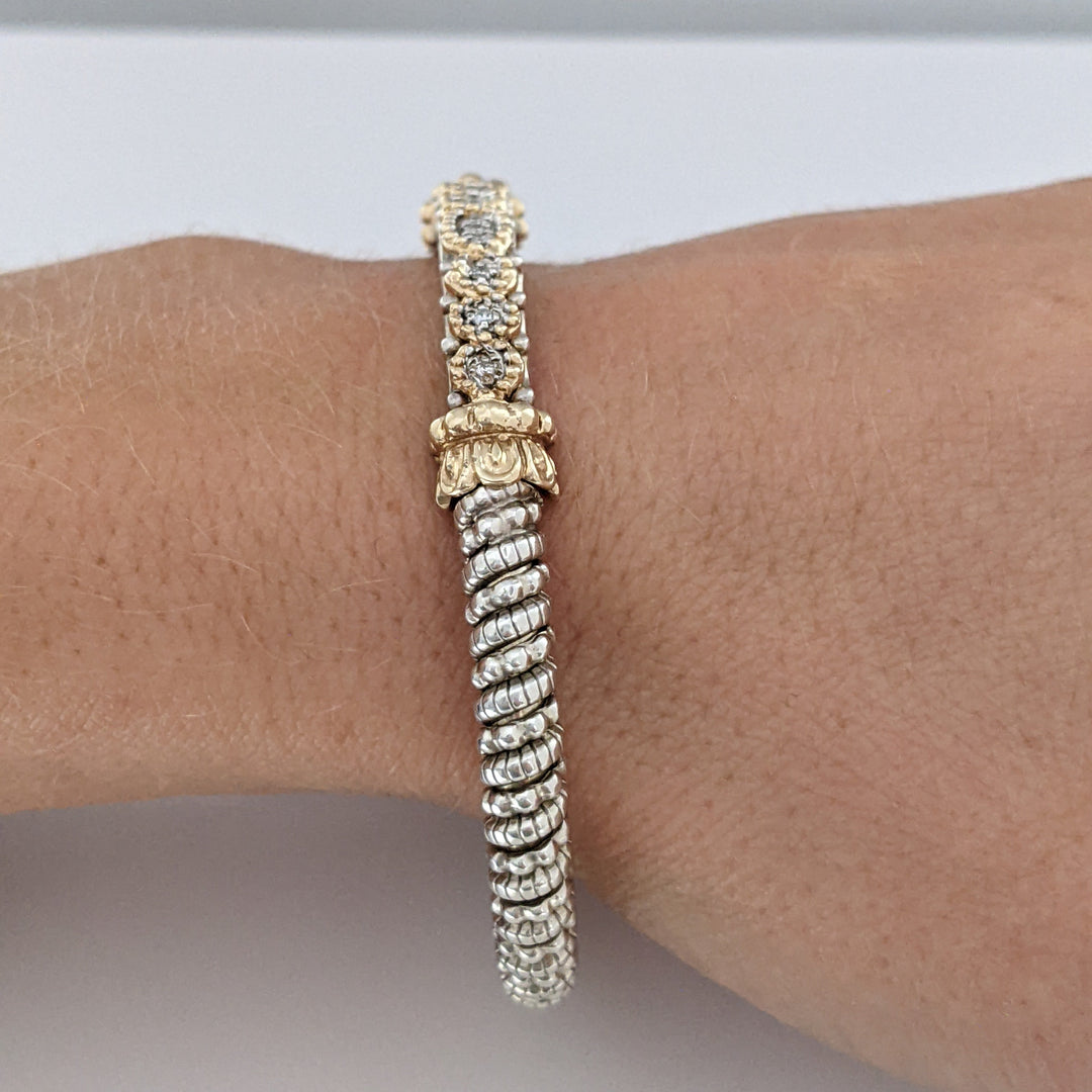 STERLING SILVER/ 14K "ALWAND VAHAN" BEAD TWIST DIAMOND ROUND (9) ESTATE BANGLE 22.1 GRAMS