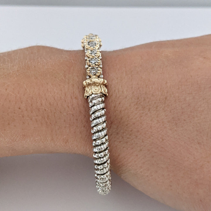 STERLING SILVER/ 14K "ALWAND VAHAN" BEAD TWIST DIAMOND ROUND (9) ESTATE BANGLE 22.1 GRAMS