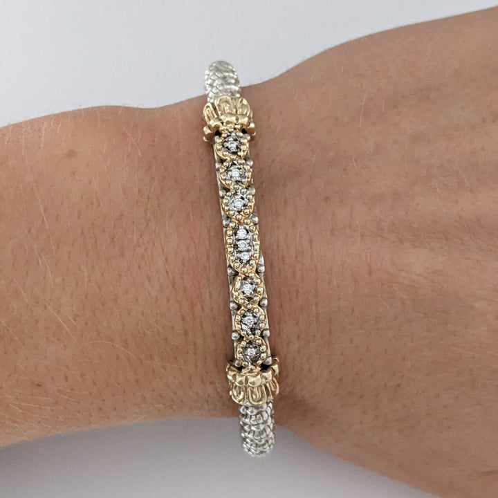 STERLING SILVER/ 14K "ALWAND VAHAN" BEAD TWIST DIAMOND ROUND (9) ESTATE BANGLE 22.1 GRAMS