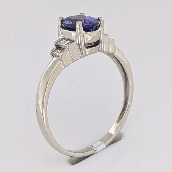 14K WHITE TANZANITE OVAL 5X7 WITH .18 DIAMOND TOTAL WEIGHT (4) EMERALD CUT ESTATE RING 2.2 GRAMS