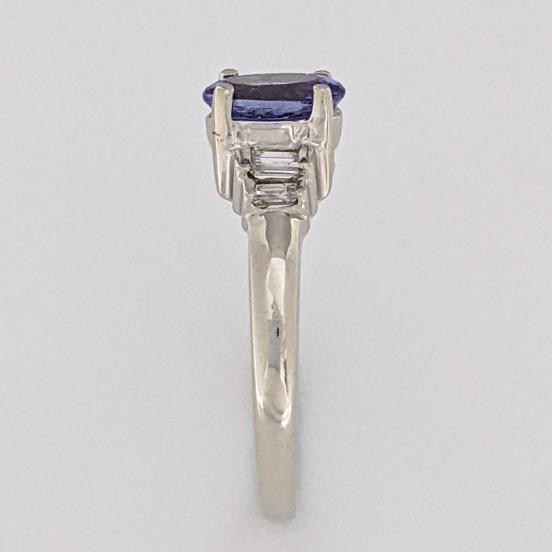 14K WHITE TANZANITE OVAL 5X7 WITH .18 DIAMOND TOTAL WEIGHT (4) EMERALD CUT ESTATE RING 2.2 GRAMS