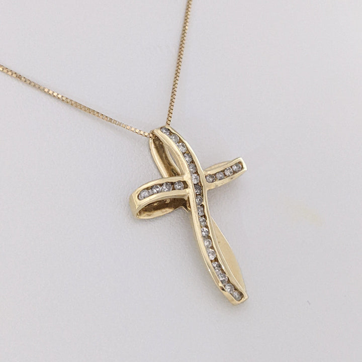 10K .25 CARAT TOTAL WEIGHT I1 I DIAMOND ROUND (25) ESTATE CROSS PENDANT &amp; 14K CHAIN 2.5 GRAMS