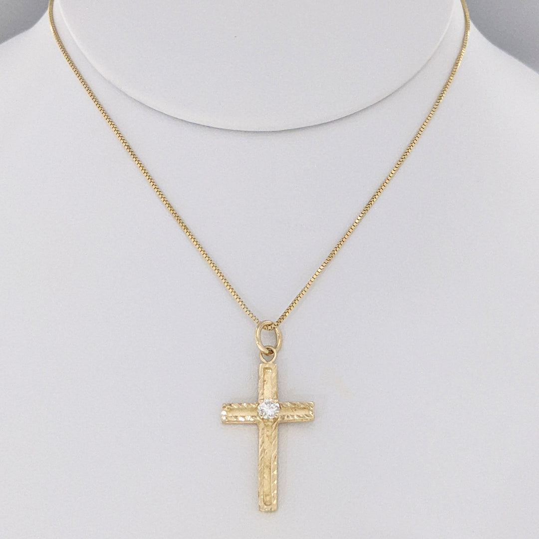 14K .16 CARAT TOTAL I1 I DIAMOND ROUND (1) DIAMOND CUT TRIM ESTATE CROSS PENDANT &amp; CHAIN 4.0 GRAMS