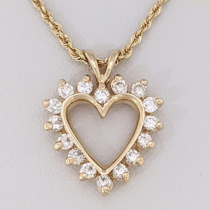 14K .40 CARAT TOTAL WEIGHT SI1 I DIAMOND ROUND (16) ESTATE HEART PENDANT &amp; CHAIN 4.5 GRAMS
