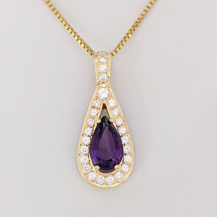 14K AMETHYST PEAR 8X13 WITH .75 DIAMOND TOTAL WEIGHT (25) ROUND ESTATE PENDANT &amp; CHAIN 9.0 GRAMS